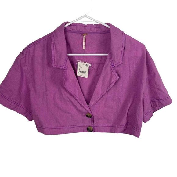 NWT Free People Honey Dew Crop Top Button Down Linen Blend Purple Size S ($78) - Picture 3 of 10